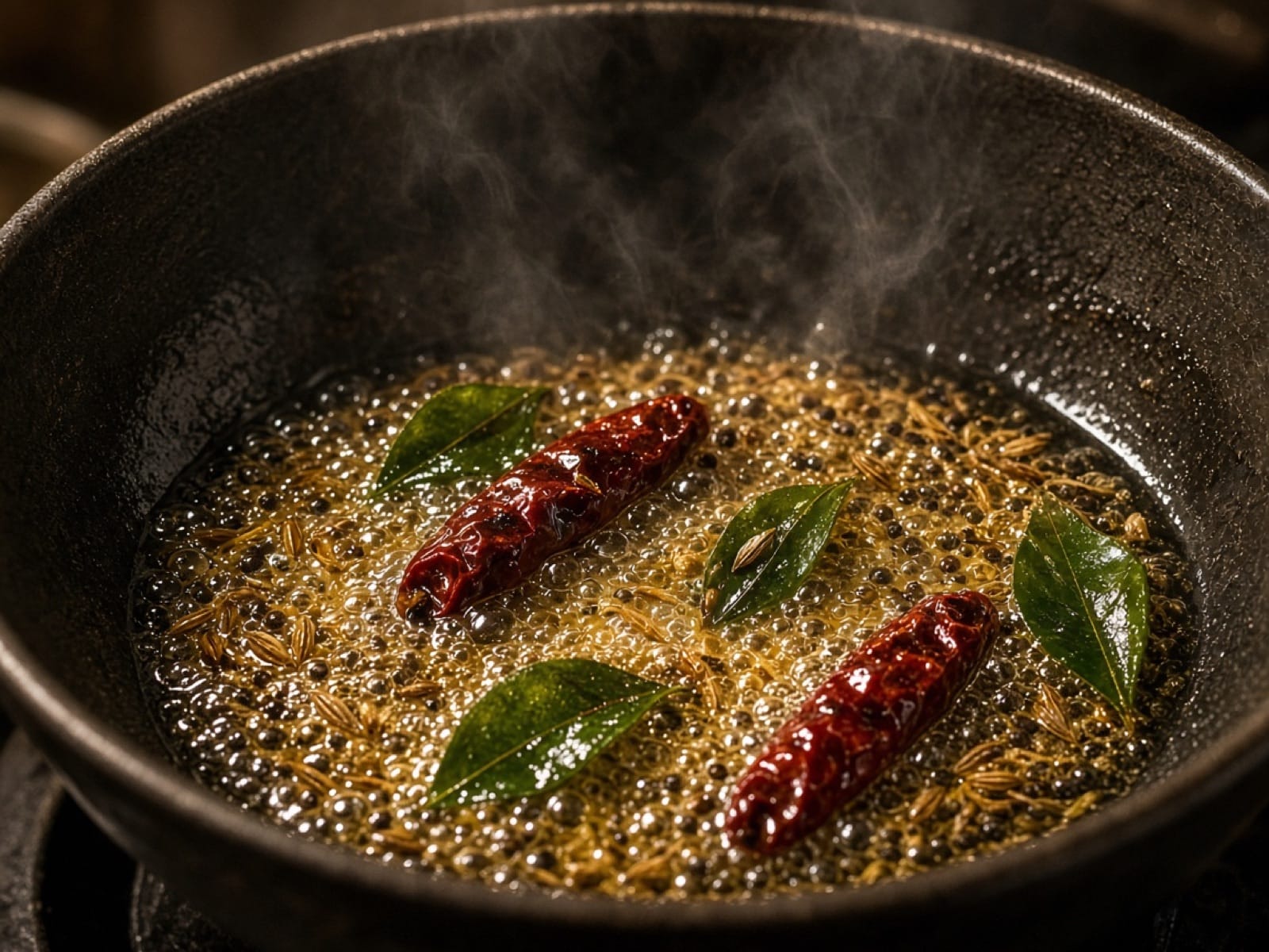 Tempering spices — photoreal kitchen still