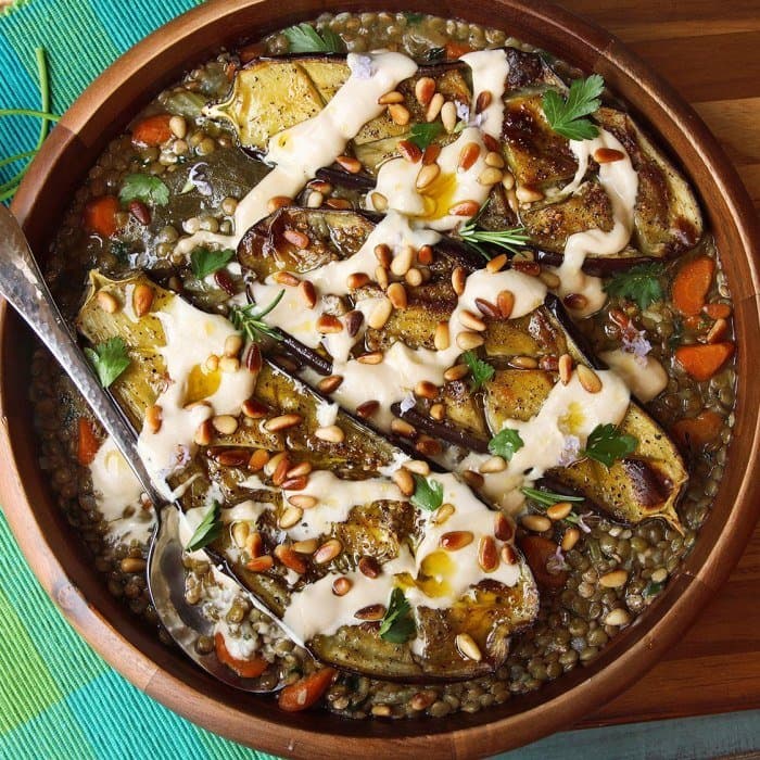Source photograph of Roasted Eggplant With Tahini, Pine Nuts, and Lentils