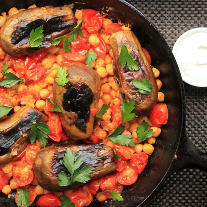 Source photograph of Stovetop Eggplant With Harissa, Chickpeas, and Cumin Yogurt