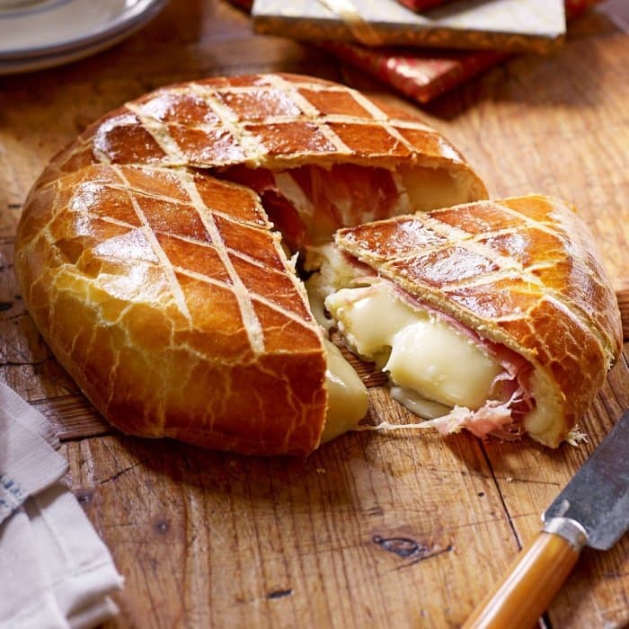 Source photograph of Brie wrapped in prosciutto & brioche