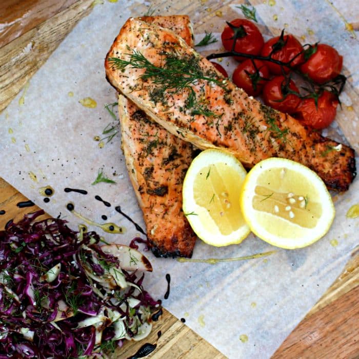 Source photograph of Baked salmon with fennel & tomatoes