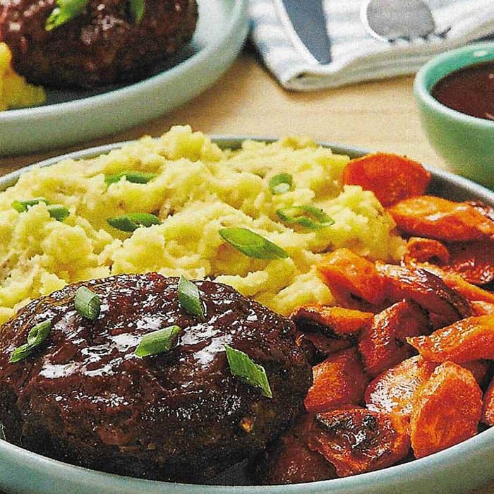 Source photograph of Soy-Glazed Meatloaves with Wasabi Mashed Potatoes & Roasted Carrots
