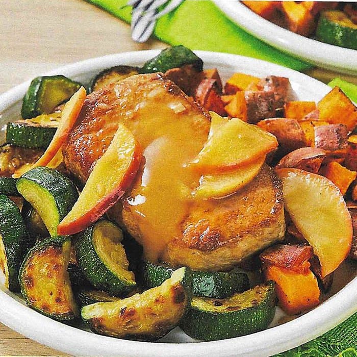 Source photograph of Skillet Apple Pork Chops with Roasted Sweet Potatoes & Zucchini