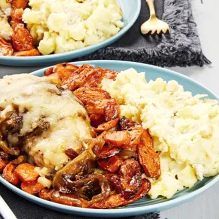 Source photograph of French Onion Chicken with Roasted Carrots & Mashed Potatoes