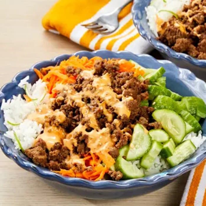Source photograph of Beef Banh Mi Bowls with Sriracha Mayo, Carrot & Pickled Cucumber