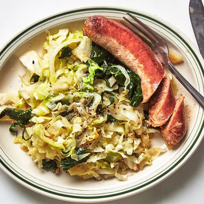 Source photograph of Crispy Sausages and Greens