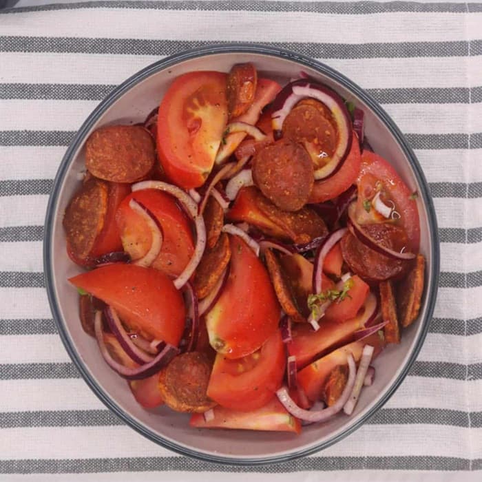 Source photograph of Chorizo & tomato salad