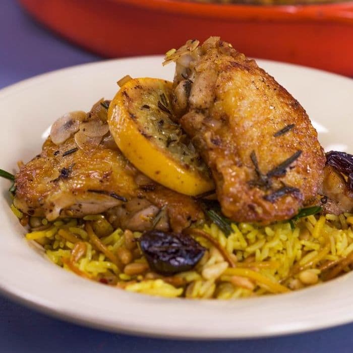 Source photograph of Chicken with saffron, raisins & pine nuts