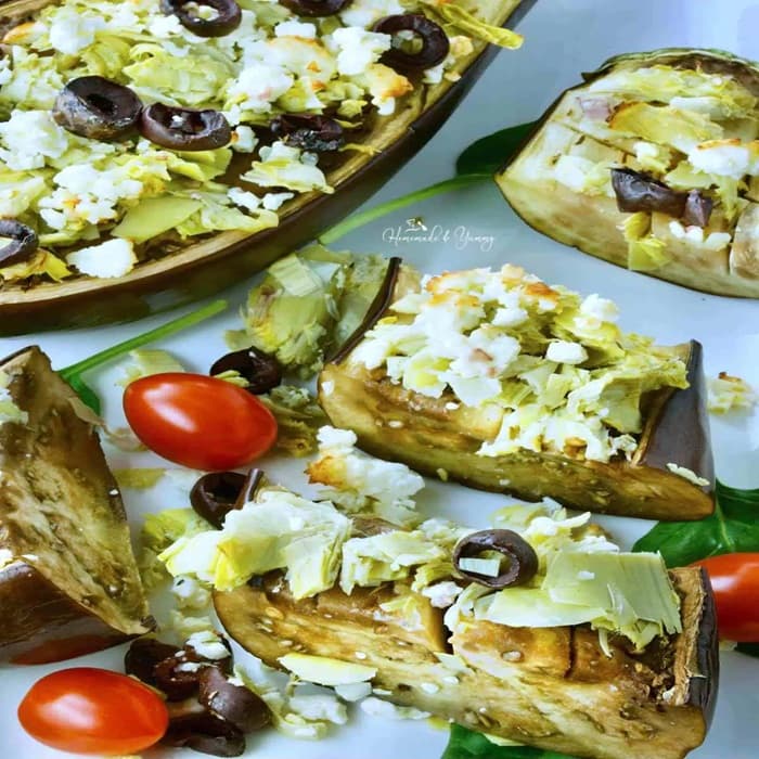 Source photograph of Roast aubergine with goat's cheese & toasted flatbread