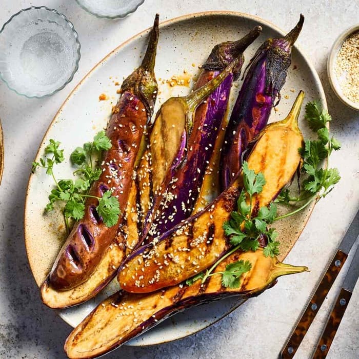 Source photograph of Griddled aubergines with sesame dressing