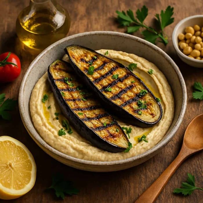 Source photograph of Aubergine & hummus grills