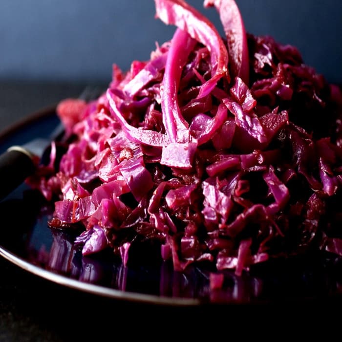Source photograph of Rosemary braised red cabbage with kabanos