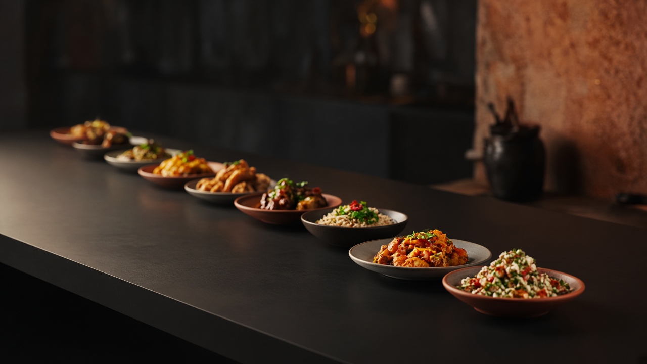 A row of plates receding down a long table