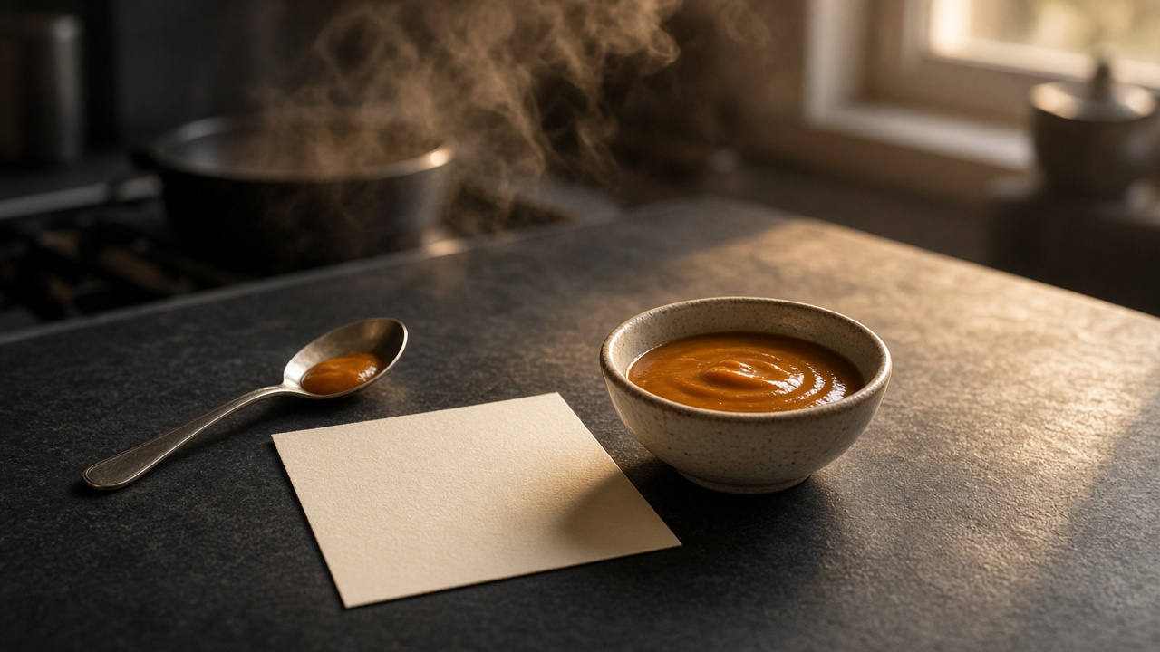 A tasting spoon beside a bowl of finished sauce