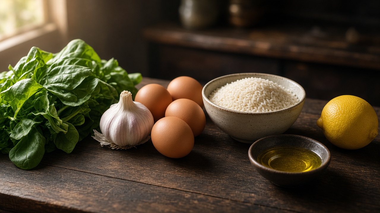 Eggs, greens, garlic, and rice laid out ready to cook