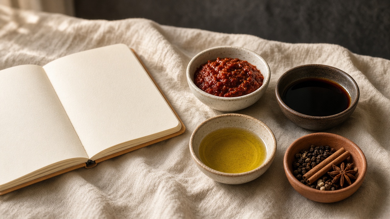 A notebook beside small bowls of sauces and spices