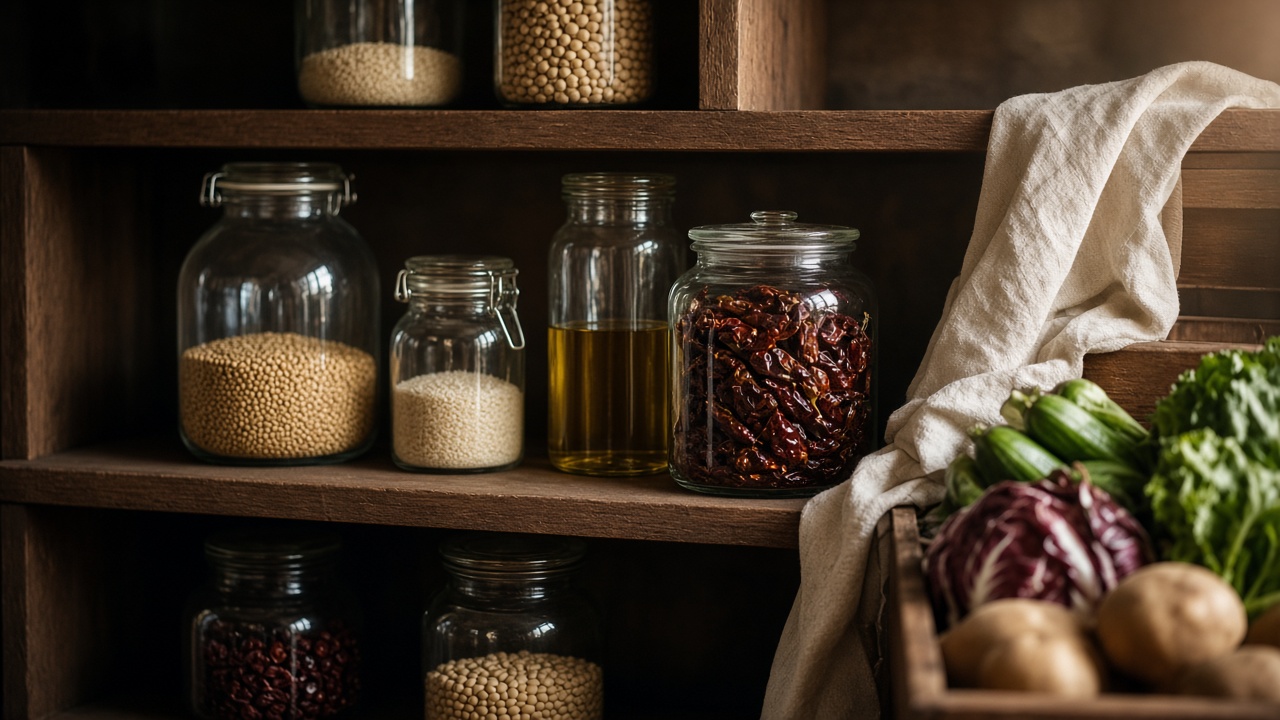 Open pantry shelves of jars, grains, and produce