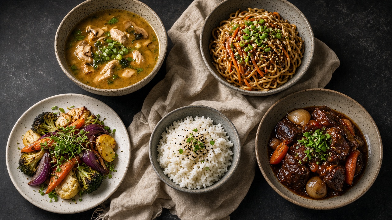 A spread of dinner bowls on a dark table