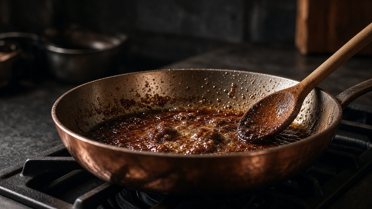 A copper pan deglazing on the stove
