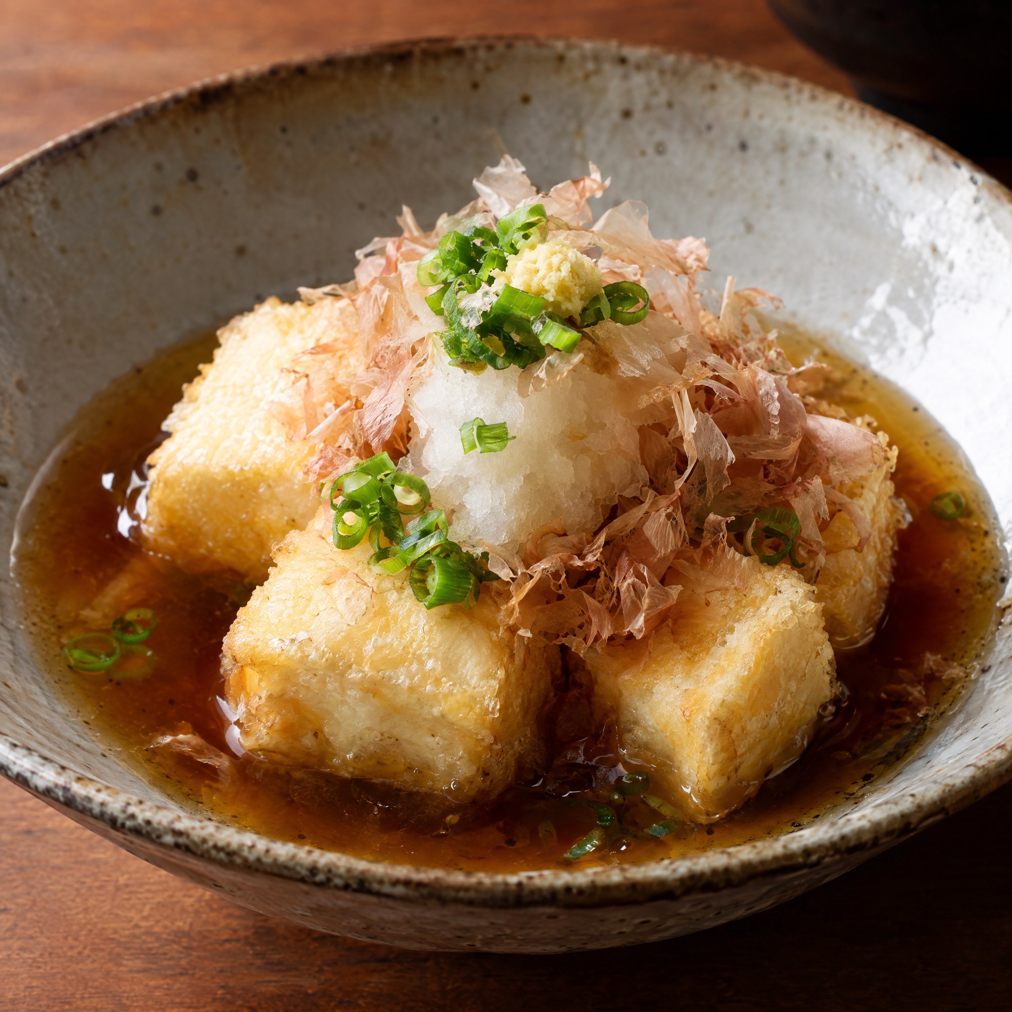Source photograph of Agedashi tofu. Not official I Want Some Food pixel artwork.