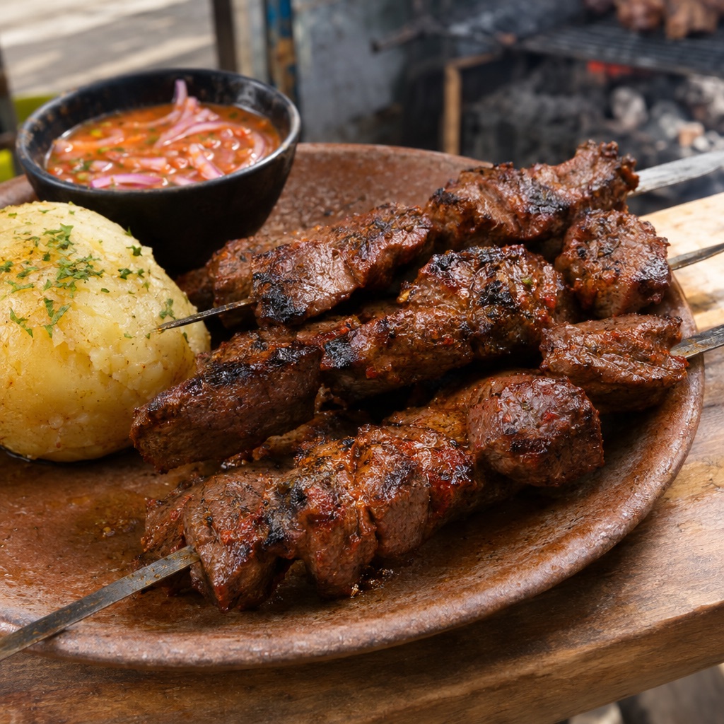 Source photograph of Anticuchos. Not official I Want Some Food pixel artwork.