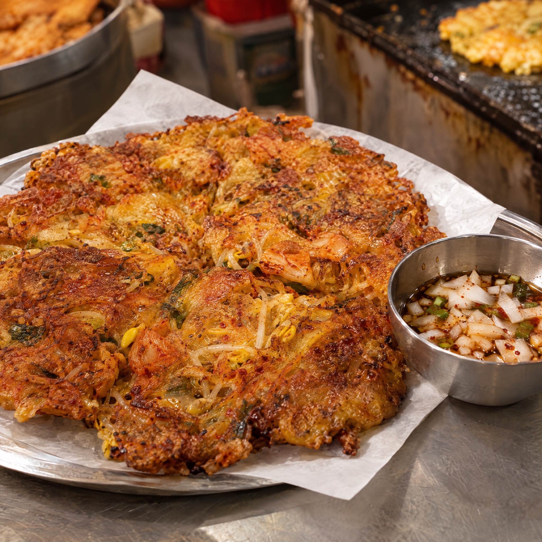 Source photograph of Bindae-tteok. Not official I Want Some Food pixel artwork.