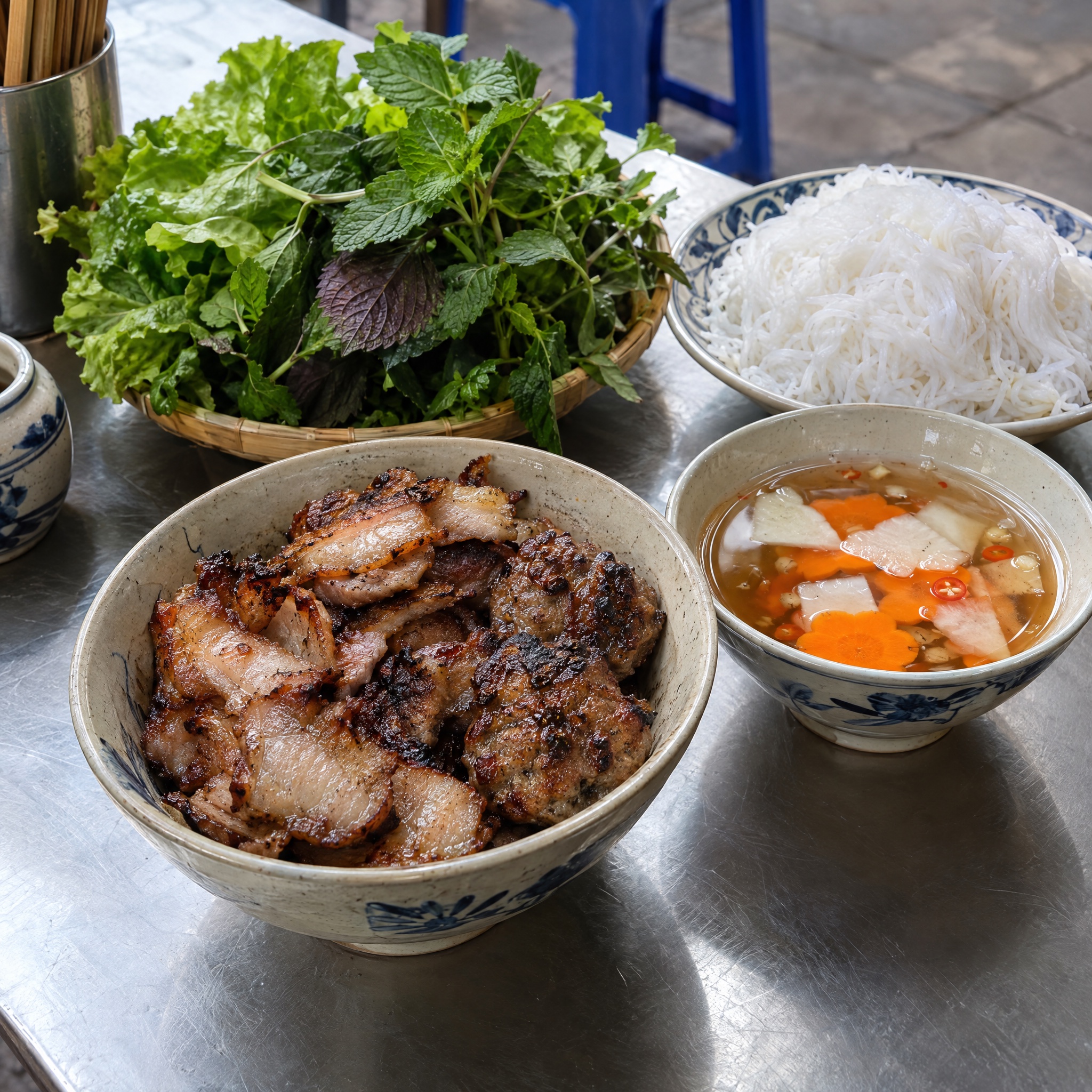 Source photograph of Bún chả. Not official I Want Some Food pixel artwork.