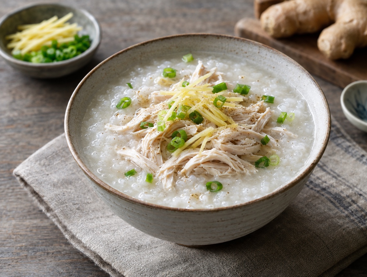 Source photograph of Chicken congee. Not official I Want Some Food pixel artwork.