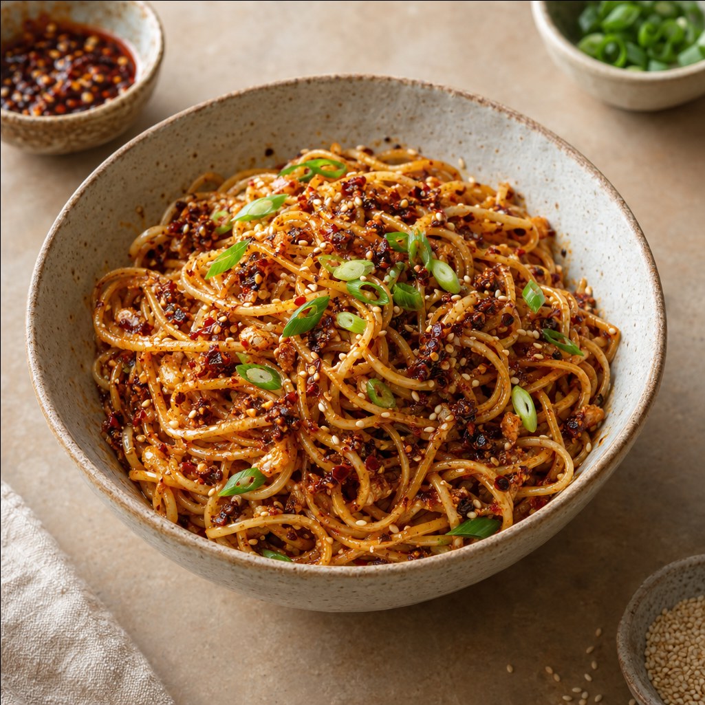 Source photograph of Chilli crisp noodles. Not official I Want Some Food pixel artwork.