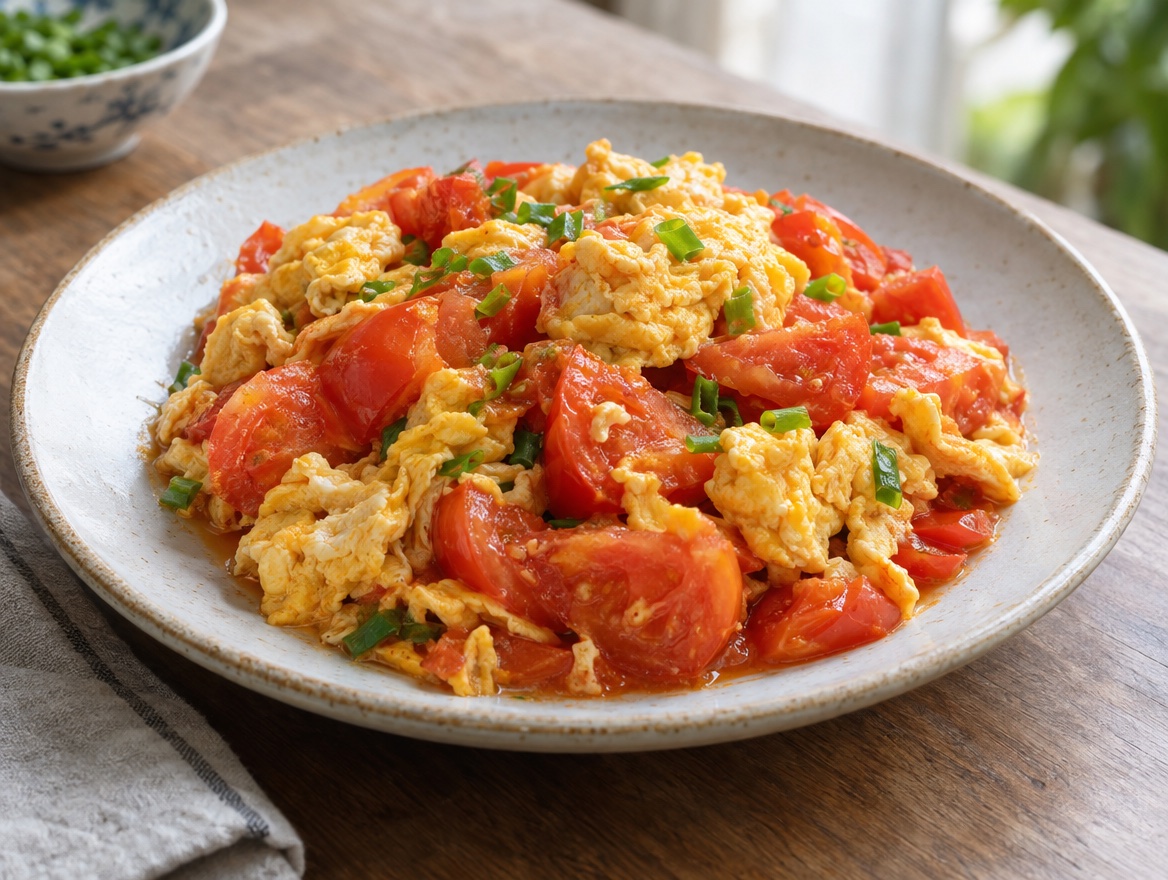 Source photograph of Tomato egg stir-fry. Not official I Want Some Food pixel artwork.