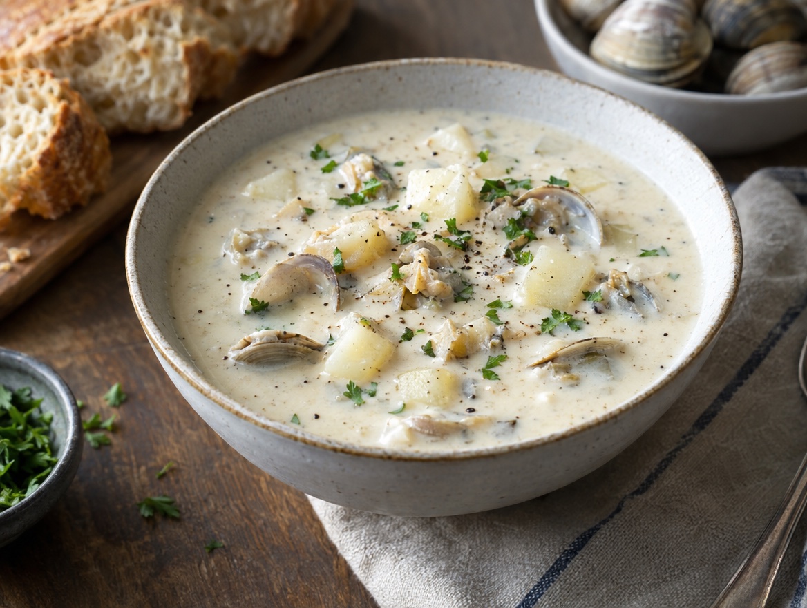 Source photograph of New England clam chowder. Not official I Want Some Food pixel artwork.