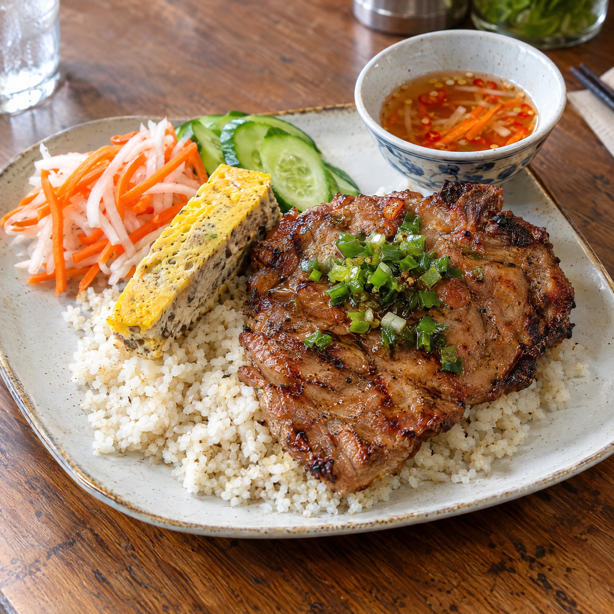 Source photograph of Cơm tấm. Not official I Want Some Food pixel artwork.