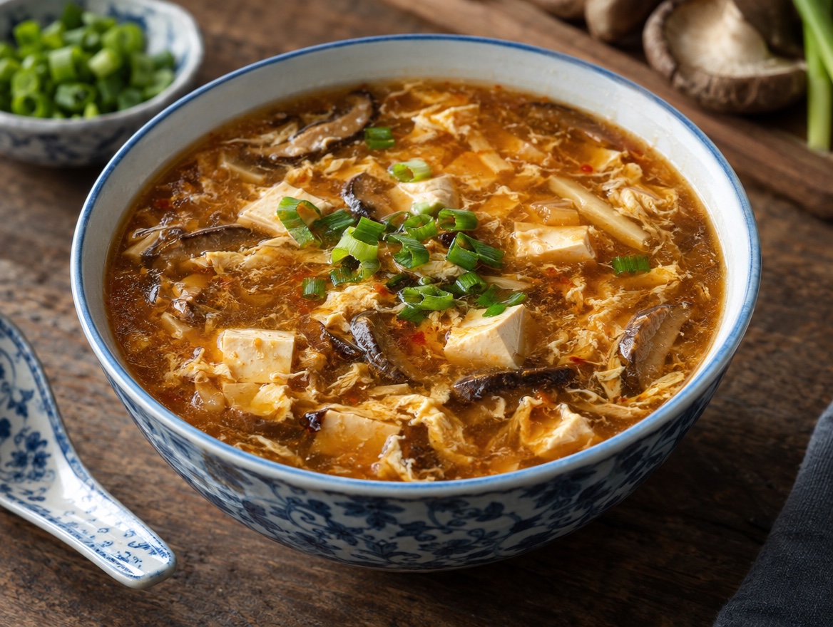 Source photograph of Hot and sour soup. Not official I Want Some Food pixel artwork.