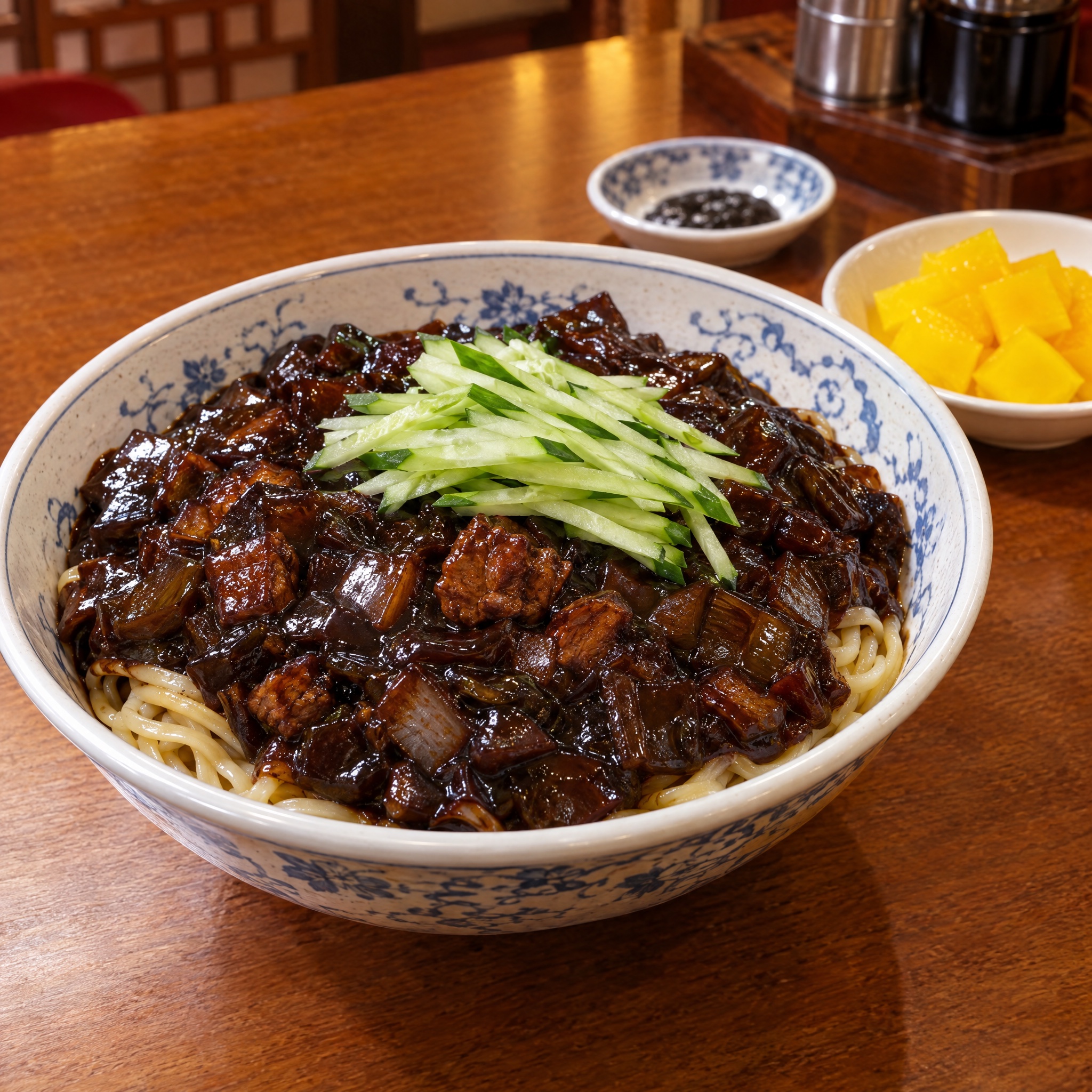 Source photograph of Jajangmyeon. Not official I Want Some Food pixel artwork.