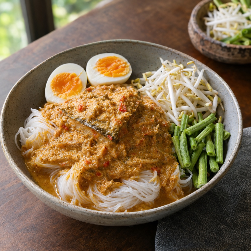 Source photograph of Khanom jeen nam ya. Not official I Want Some Food pixel artwork.