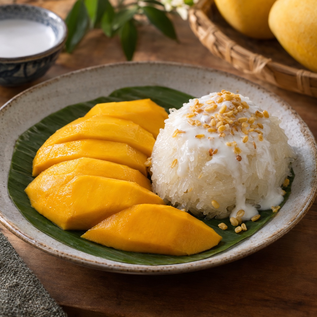 Source photograph of Mango sticky rice. Not official I Want Some Food pixel artwork.