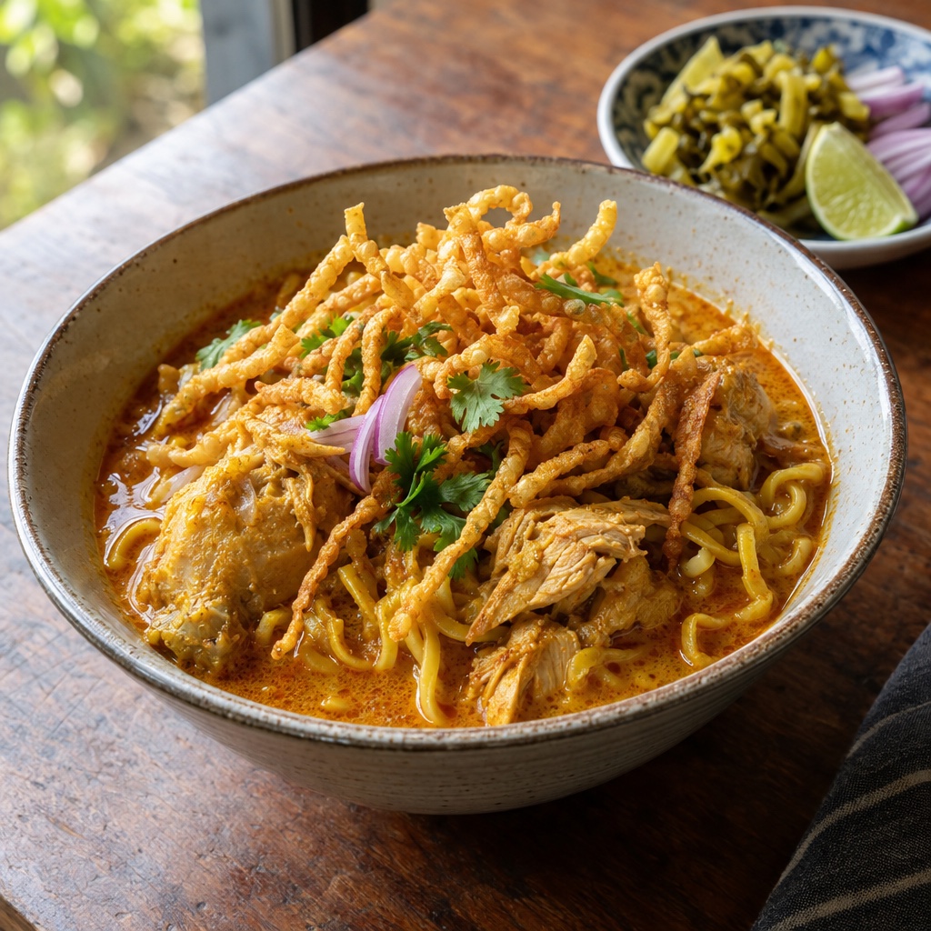 Source photograph of Khao soi. Not official I Want Some Food pixel artwork.