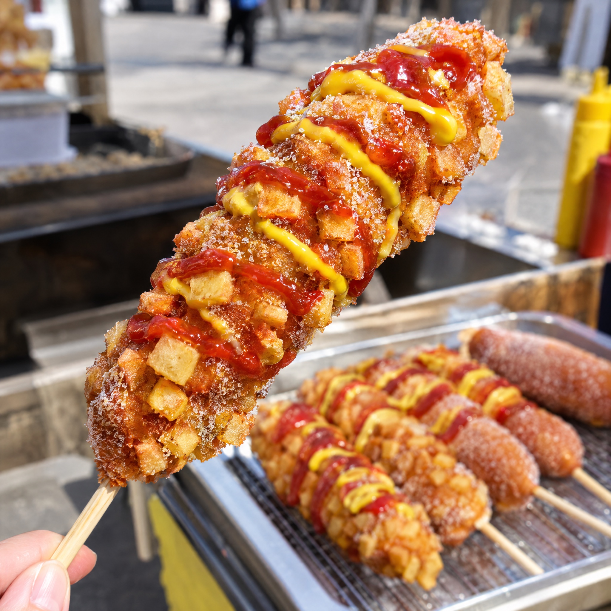 Source photograph of Korean corn dog. Not official I Want Some Food pixel artwork.