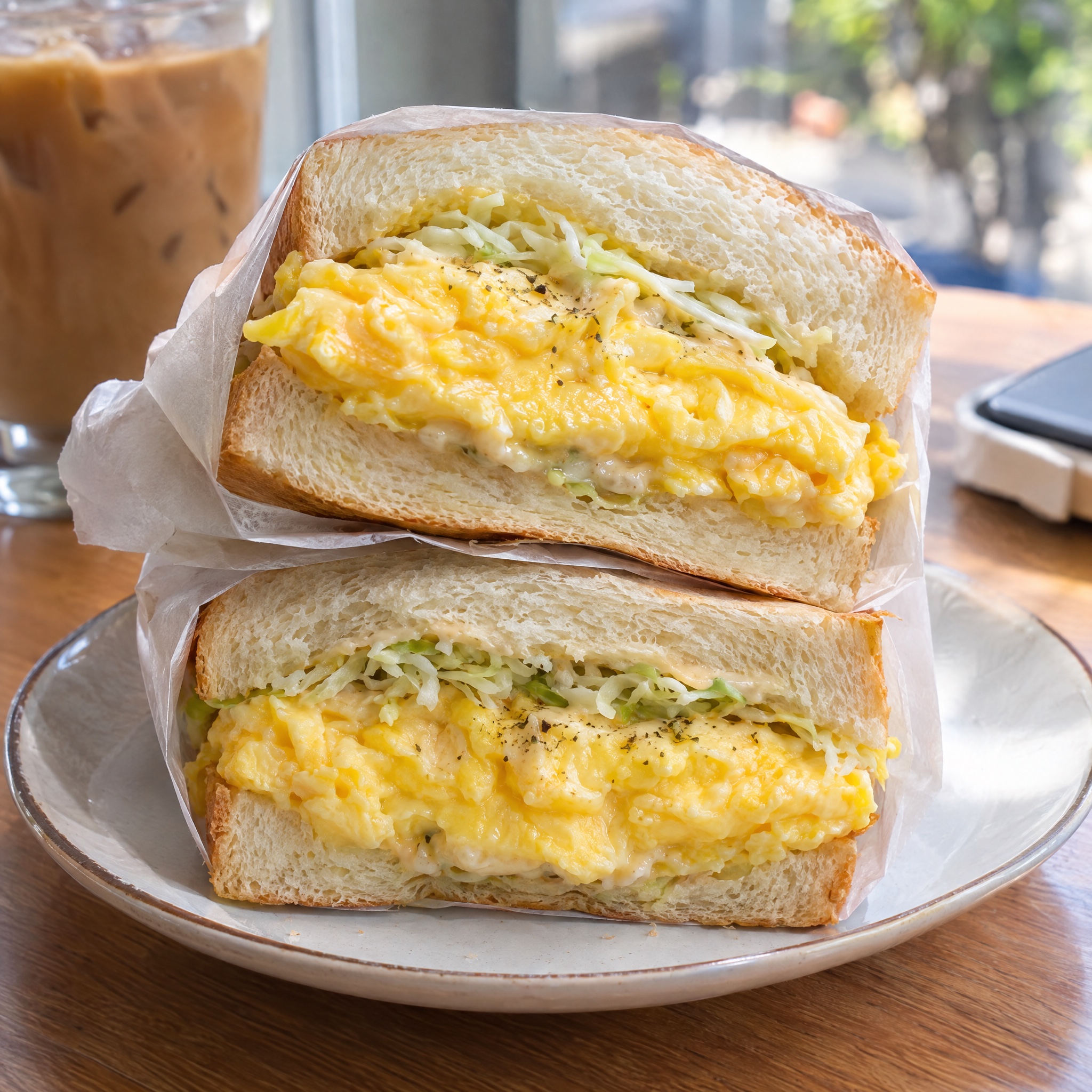 Source photograph of Korean egg drop sandwich. Not official I Want Some Food pixel artwork.