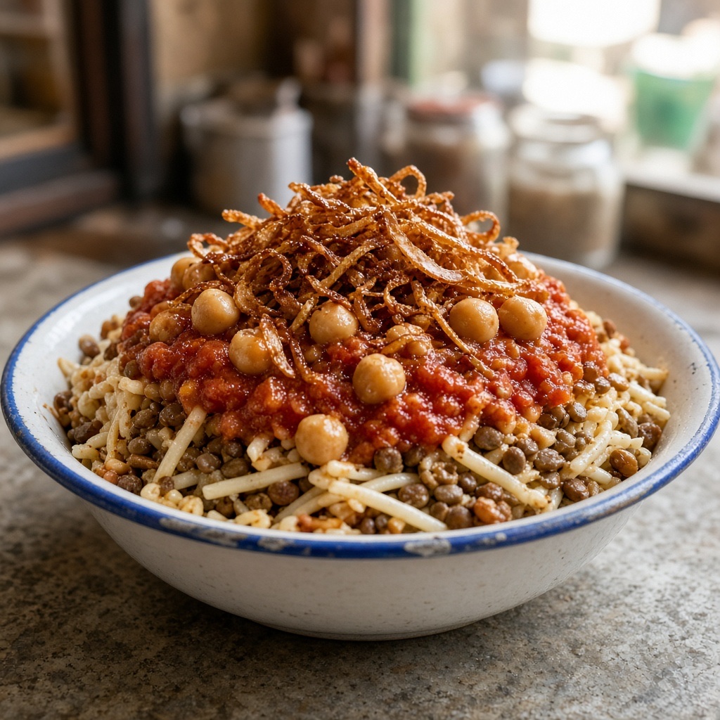 Source photograph of Koshari. Not official I Want Some Food pixel artwork.
