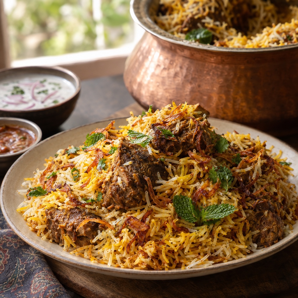 Source photograph of Lamb biryani. Not official I Want Some Food pixel artwork.