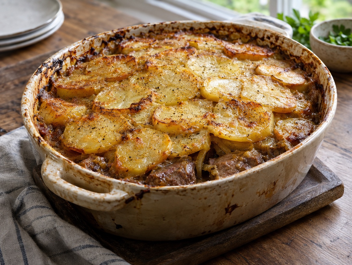 Source photograph of Lancashire hotpot. Not official I Want Some Food pixel artwork.