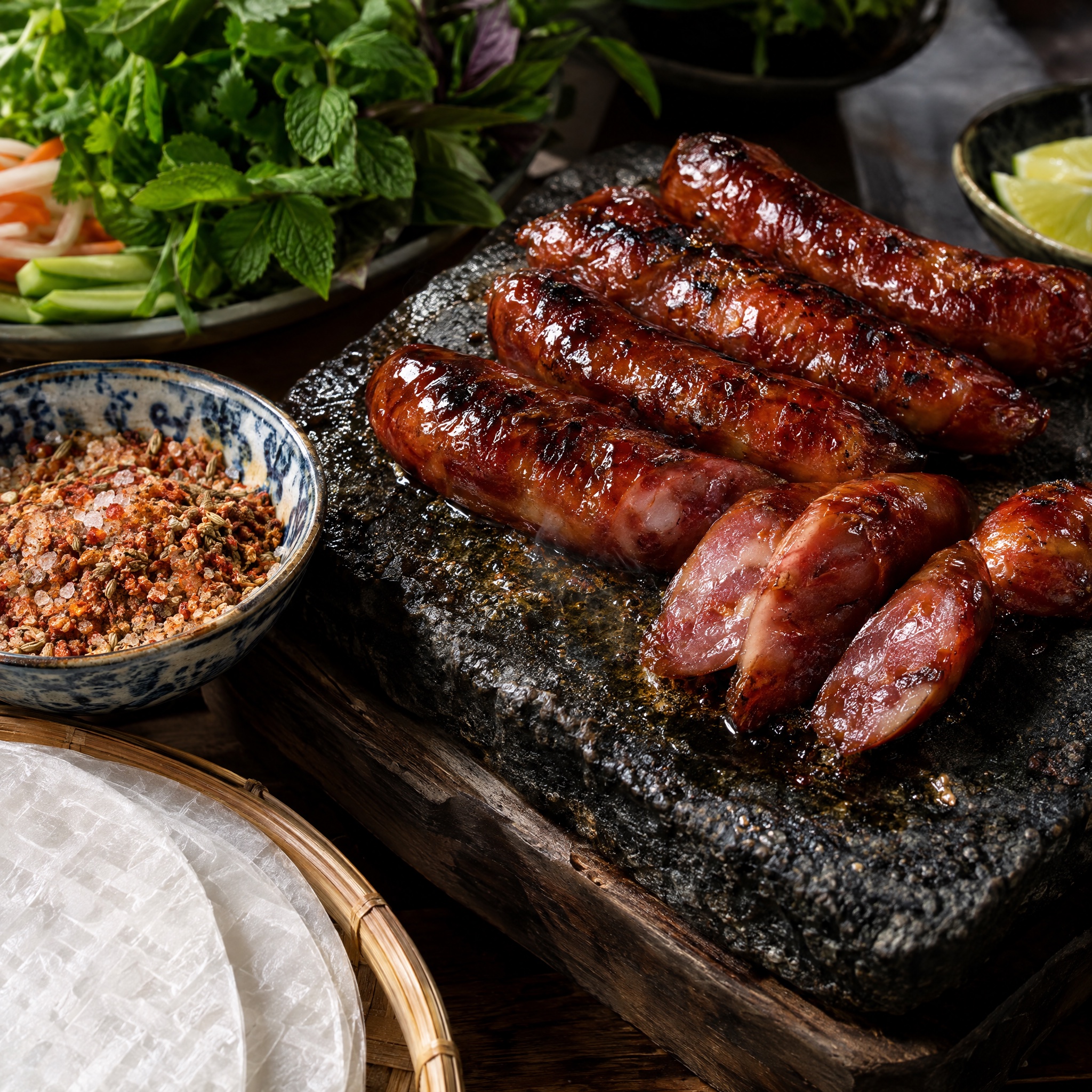 Source photograph of Lạp xưởng nướng đá. Not official I Want Some Food pixel artwork.