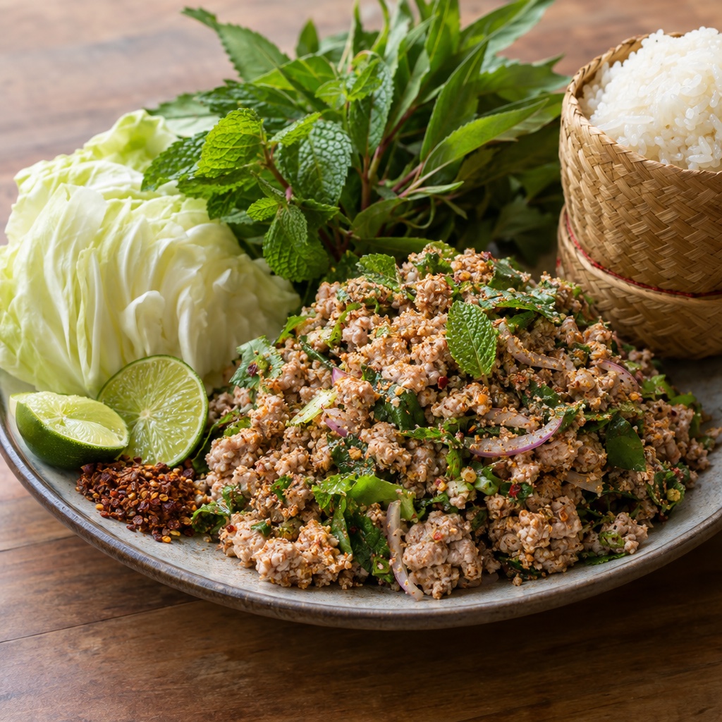 Source photograph of Larb. Not official I Want Some Food pixel artwork.