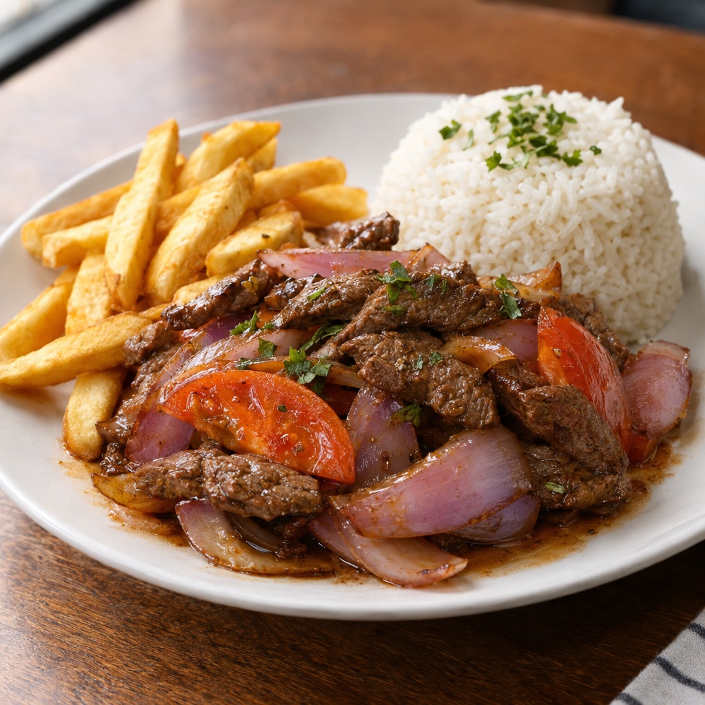 Source photograph of Lomo saltado. Not official I Want Some Food pixel artwork.