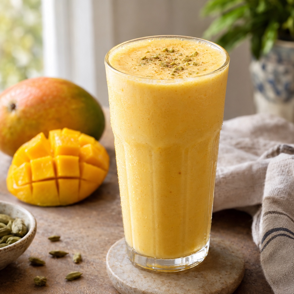 Source photograph of Mango lassi. Not official I Want Some Food pixel artwork.