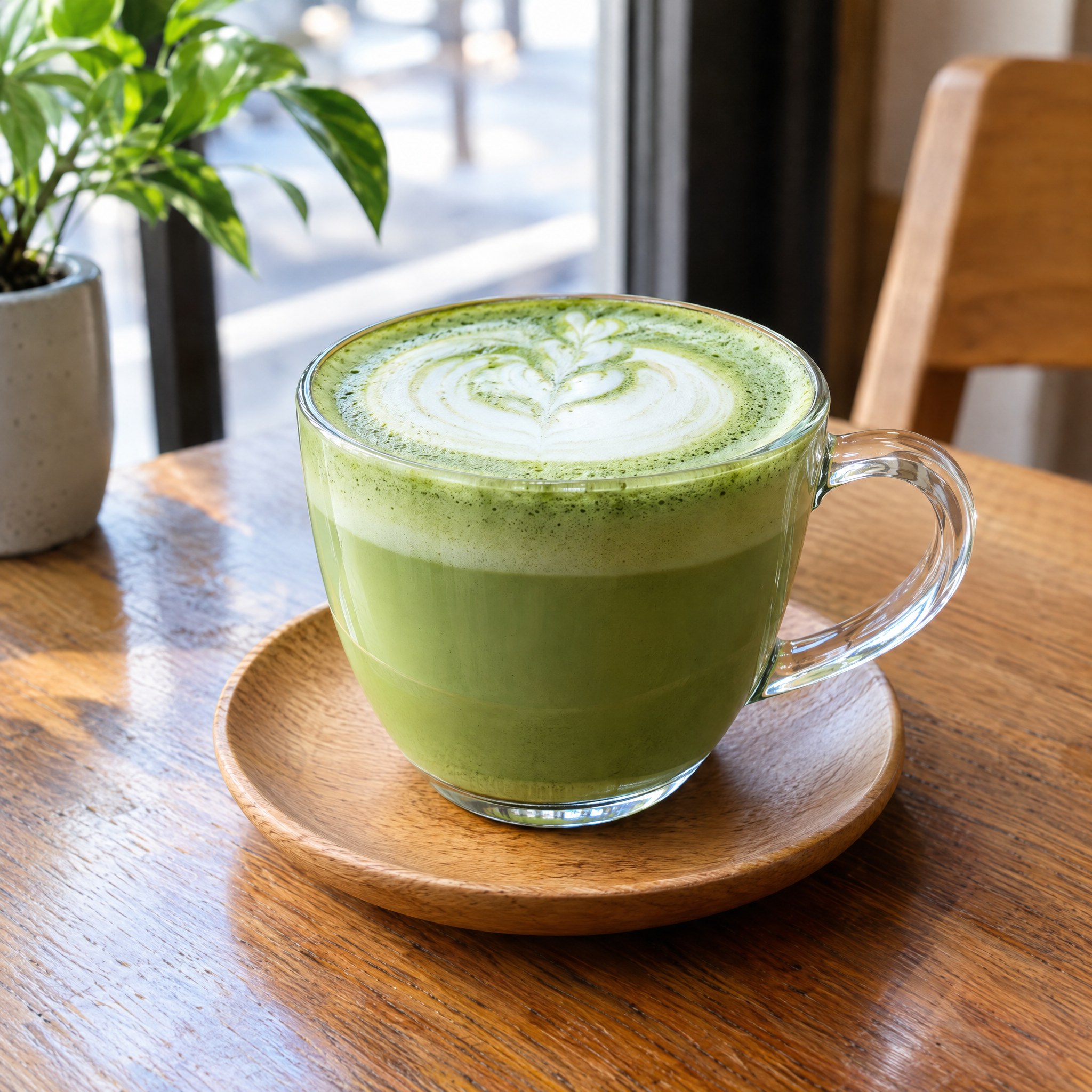 Source photograph of Matcha latte. Not official I Want Some Food pixel artwork.
