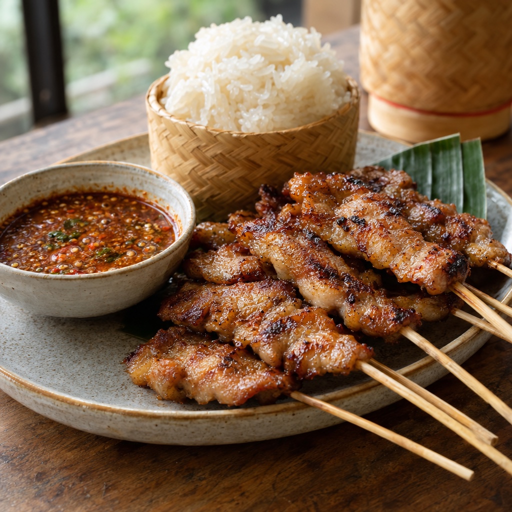Source photograph of Moo ping. Not official I Want Some Food pixel artwork.