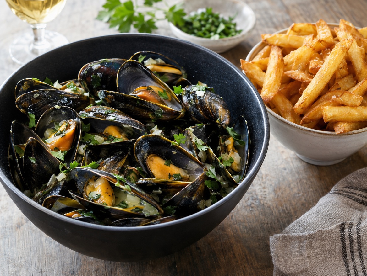 Source photograph of Moules-frites. Not official I Want Some Food pixel artwork.
