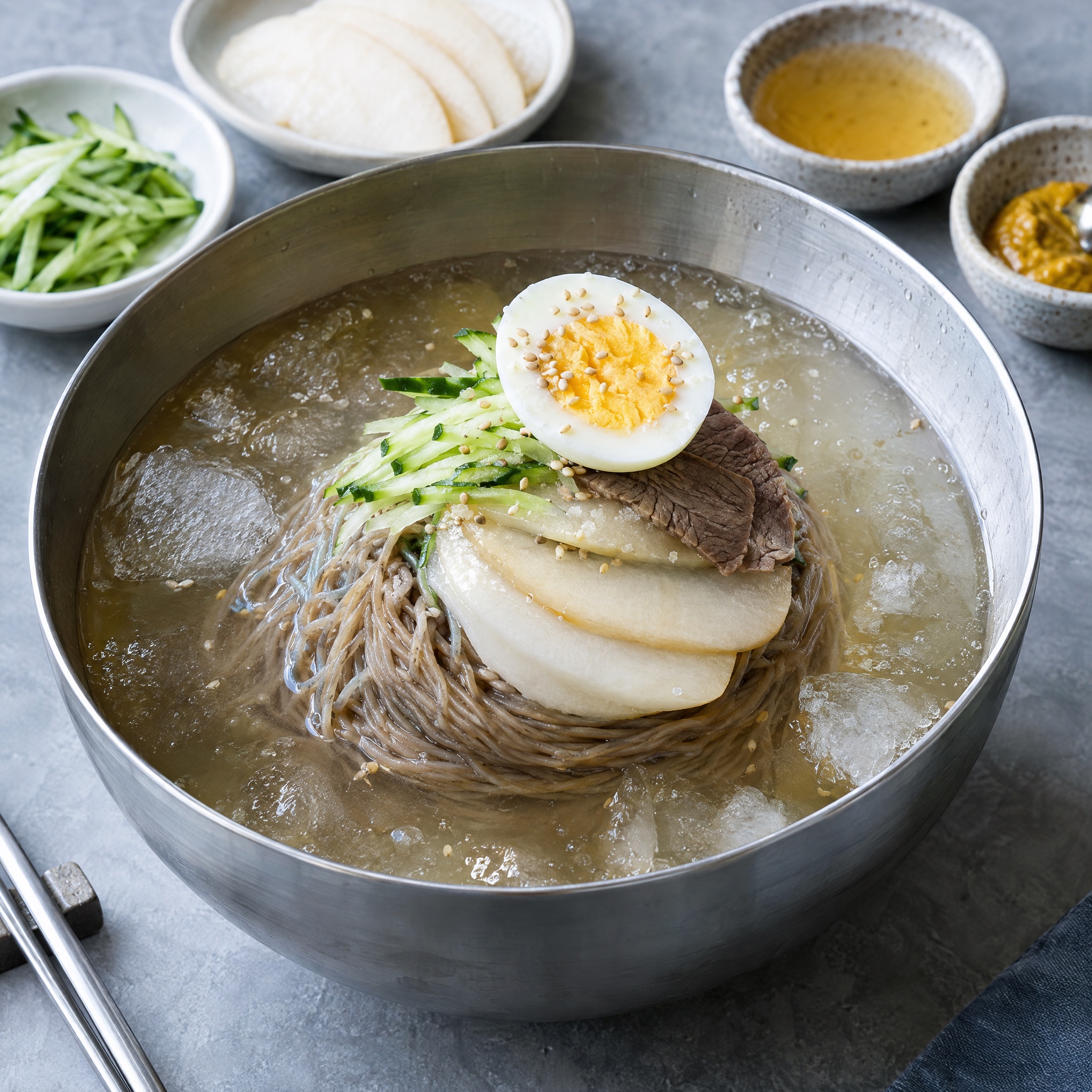 Source photograph of Mul-naengmyeon. Not official I Want Some Food pixel artwork.